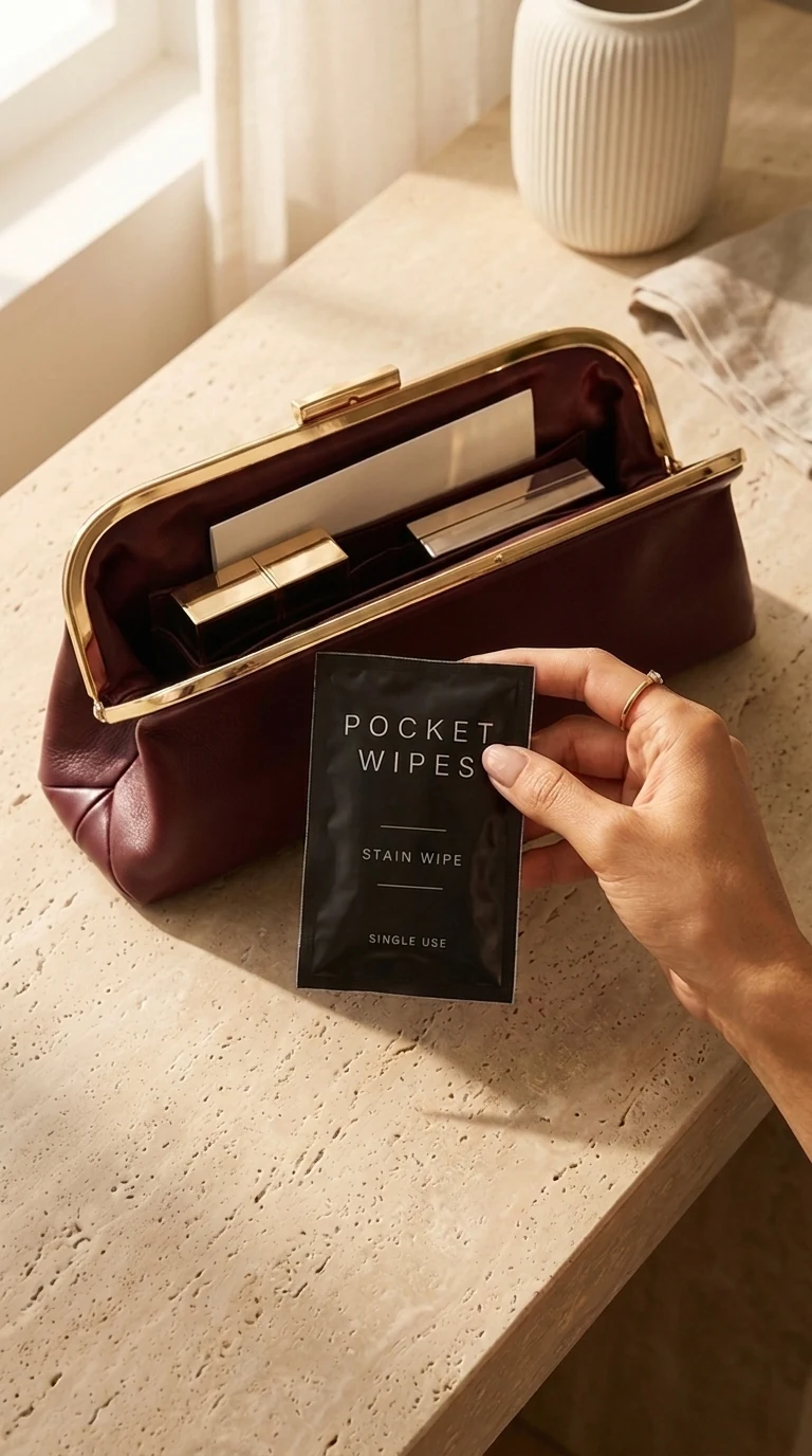 Hand placing a black Pocket Wipes stain wipe sachet into a burgundy clutch