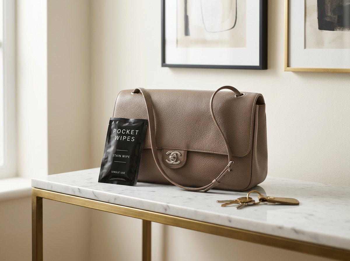A pocket stain wipe resting in an open designer handbag on a dressing room table