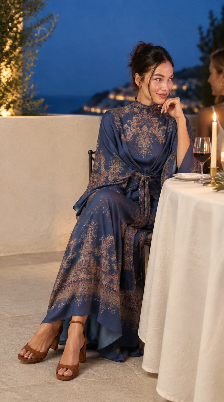 Woman in a patterned blue dress at a candlelit terrace dinner while travelling