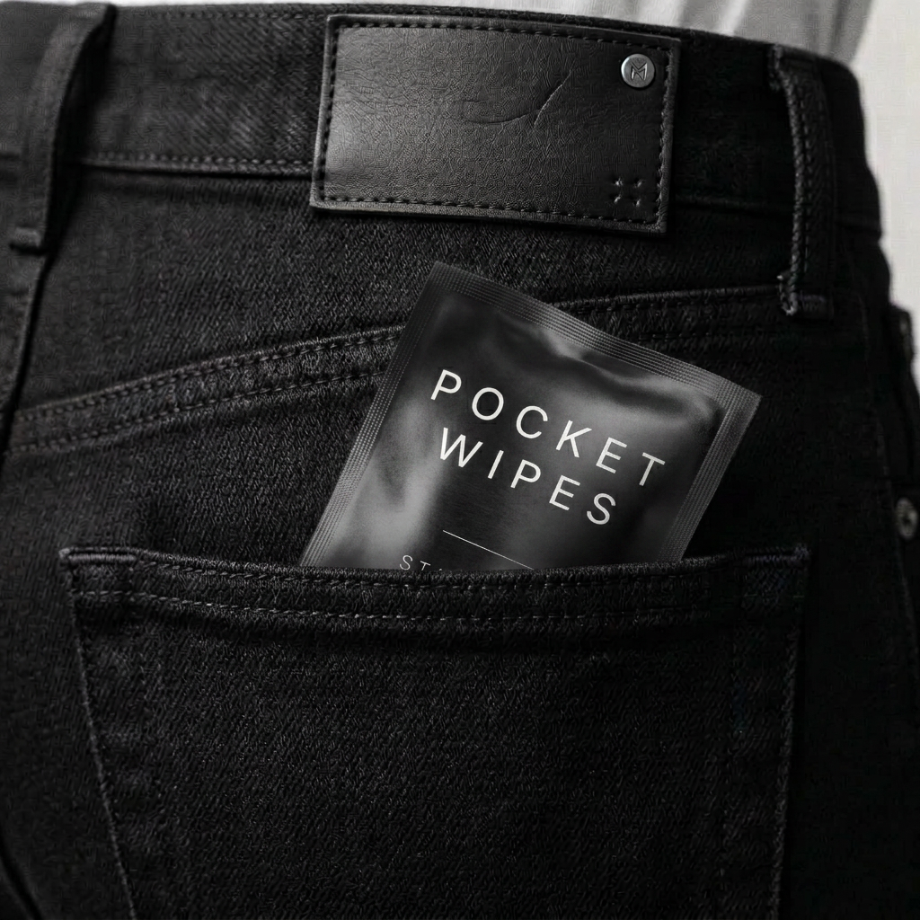 A slim POCKET WIPES stain wipe sachet tucked into a jacket pocket for travel