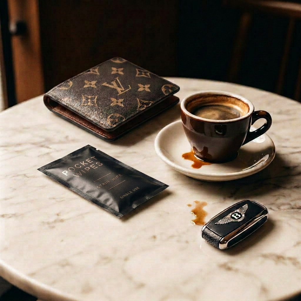 A stain remover wipe used on a white shirt after a coffee spill in a cafe